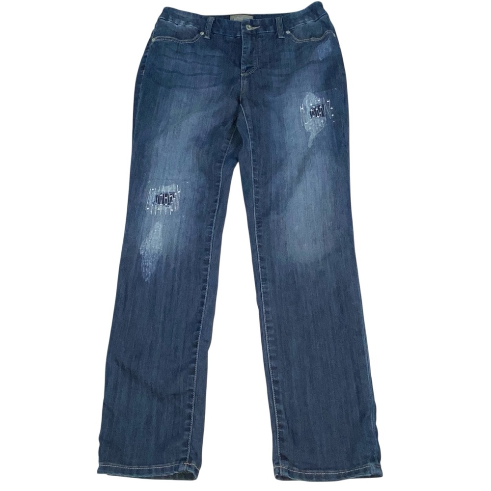 Chico's Ankle Jeans Size 2 Distressed Embellished Patch Medium Blue Rhinestone
